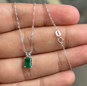 Natural Emerald Pendant 7x5mm – AA Grade Green Emerald Cut Solitaire Necklace in Platinum with 18K White Gold Chain – May Birthstone Gift