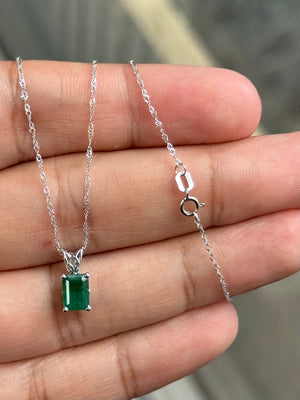 Natural Emerald Pendant 7x5mm – AA Grade Green Emerald Cut Solitaire Necklace in Platinum with 18K White Gold Chain – May Birthstone Gift