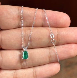 Natural Emerald Pendant 7x5mm – AA Grade Green Emerald Cut Solitaire Necklace in Platinum with 18K White Gold Chain – May Birthstone Gift