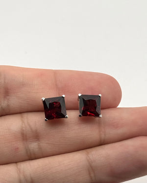 8mm Natural Garnet Stud Earrings | 14K White Gold AAA Princess Cut Earrings Gift for Her