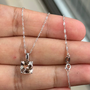 Morganite Cushion Pendant 8x8mm AAA Quality | 1.61-2.04ct Solitaire Scroll Necklace in Platinum with 18K White Gold Chain