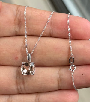 Morganite Cushion Pendant 8x8mm AAA Quality | 1.61-2.04ct Solitaire Scroll Necklace in Platinum with 18K White Gold Chain