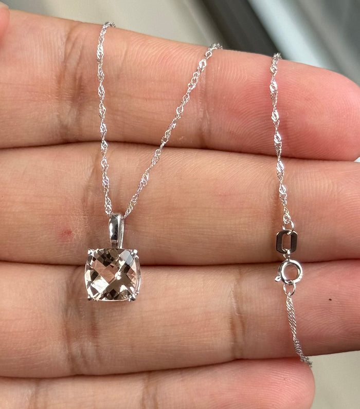 Morganite Cushion Pendant 8x8mm AAA Quality | 1.61-2.04ct Solitaire Scroll Necklace in Platinum with 18K White Gold Chain