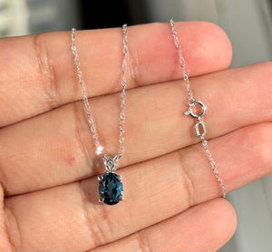 8x6mm London Blue Topaz Pendant in Platinum – AA Oval Gemstone – 1.30-1.51ct Scroll Solitaire Necklace – 18K White Gold Chain