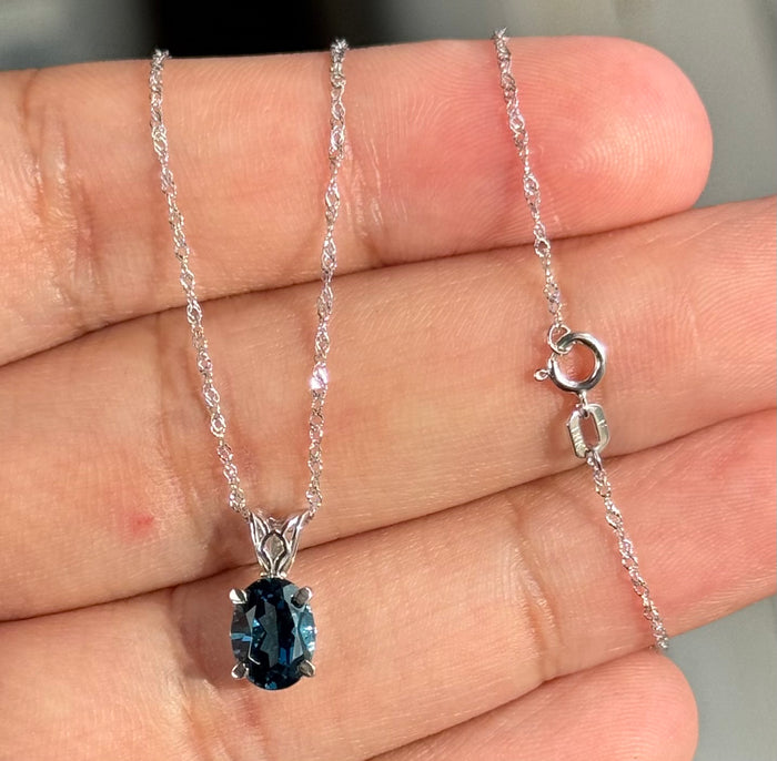 8x6mm London Blue Topaz Pendant in Platinum – AA Oval Gemstone – 1.30-1.51ct Scroll Solitaire Necklace – 18K White Gold Chain