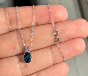 8x6mm London Blue Topaz Pendant in Platinum – AA Oval Gemstone – 1.30-1.51ct Scroll Solitaire Necklace – 18K White Gold Chain