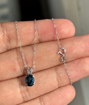 8x6mm London Blue Topaz Pendant in Platinum – AA Oval Gemstone – 1.30-1.51ct Scroll Solitaire Necklace – 18K White Gold Chain