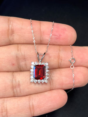 Garnet Diamond Cluster Pendant 14K White Gold | Emerald Cut AAA Garnet 4.12 Cts, 0.54 Ct Diamond Necklace Gift