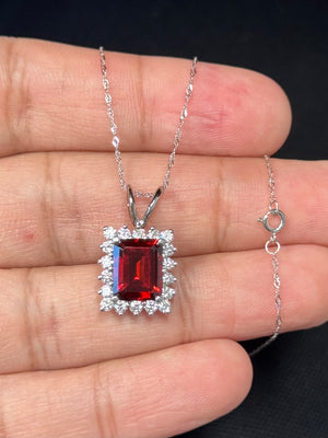 Garnet Diamond Cluster Pendant 14K White Gold | Emerald Cut AAA Garnet 4.12 Cts, 0.54 Ct Diamond Necklace Gift