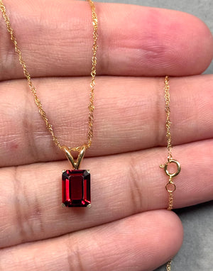 Garnet Solitaire Pendant 14K Yellow Gold | AAA Emerald Cut Red Garnet 1.60–2.05 Cts | January Birthstone Necklace Gift