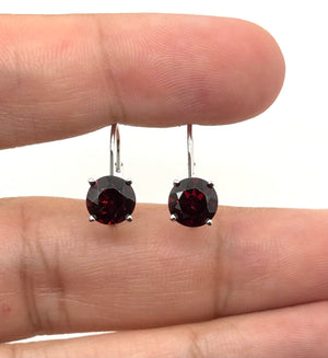 7mm Natural Garnet Lever back Earrings | 14K White Gold AAA Round Garnet Earrings