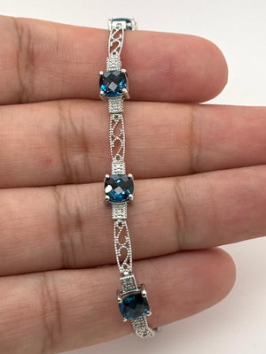 London Blue Topaz Bracelet | 14K White Gold Diamond Bracelet 7 Inch