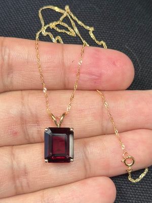 Garnet Solitaire Pendant 14K Yellow Gold | AAA Emerald Cut Red Garnet 5.30–7.00 Cts | January Birthstone Necklace Gift