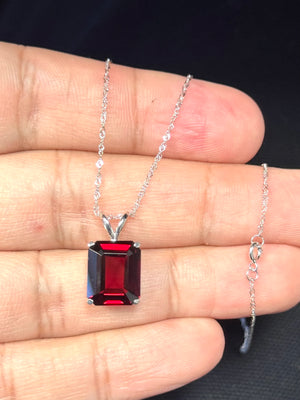 Garnet Solitaire Pendant 14K White Gold | AAA Emerald Cut Red Garnet 5.30–7.00 Cts | January Birthstone Necklace Gift