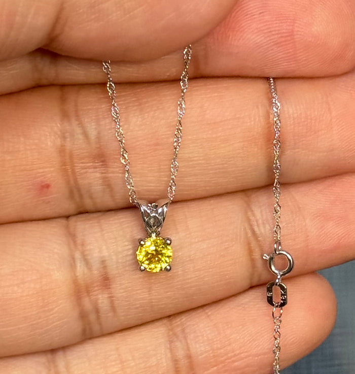 Platinum Yellow Sapphire Solitaire Scroll Pendant 0.55-0.70 Ct, 5x5mm Round AAA Gemstone Necklace, 18K White Gold Chain