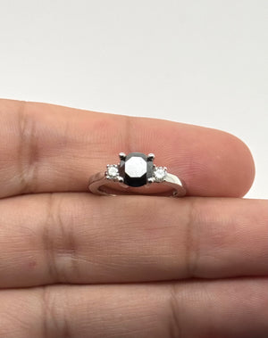 Black Diamond Three Stone Ring | 14K White Gold 2 Ct Natural Black & White Diamond Ring Size 4