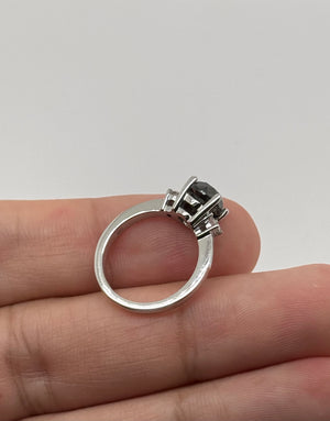 Black Diamond Three Stone Ring | 14K White Gold 2 Ct Natural Black & White Diamond Ring Size 4