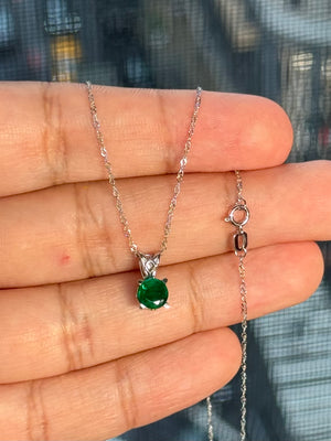 0.74 Ct Round Natural Emerald Pendant in Platinum – 6mm AA Emerald Scroll Solitaire with 18K White Gold Chain