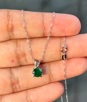 0.74 Ct Round Natural Emerald Pendant in Platinum – 6mm AA Emerald Scroll Solitaire with 18K White Gold Chain
