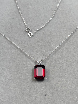 Garnet Solitaire Pendant Platinum | AAA Emerald Cut Red Garnet 5.25 Cts | January Birthstone Necklace Gift