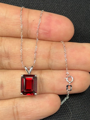 Garnet Solitaire Pendant Platinum | AAA Emerald Cut Red Garnet 5.25 Cts | January Birthstone Necklace Gift