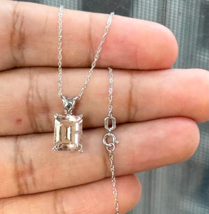Emerald Cut Morganite Pendant 10x8mm | 2.5-3.6 Ct AAA Scroll Solitaire in Platinum | Light Peach Pink Gemstone Necklace Gift