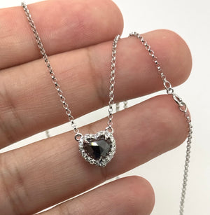 Black Diamond Heart Pendant | 14K White Gold Natural Black & White Diamond Necklace