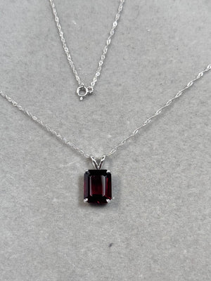 Garnet Solitaire Pendant 14K White Gold | AAA Emerald Cut Red Garnet 3.95–5.30 Cts | January Birthstone Necklace Gift