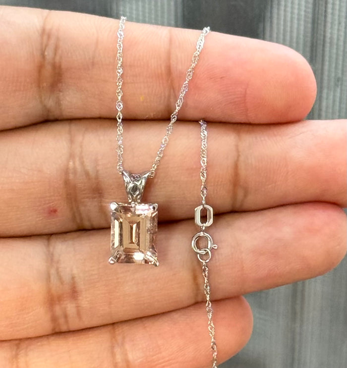 Emerald Cut Morganite Pendant 10x8mm | 2.5-3.6 Ct AAA Scroll Solitaire in Platinum | Light Peach Pink Gemstone Necklace Gift