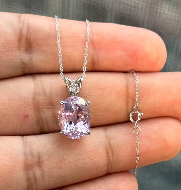 Oval Kunzite Pendant 13x10mm – 14K White Gold Scroll Solitaire – 6.50-7.00 CT AA+ Pink Gemstone Necklace – October Birthstone Gift