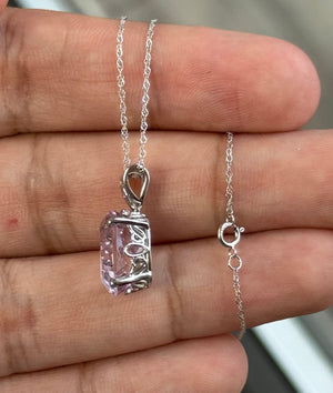 Oval Kunzite Pendant 13x10mm – 14K White Gold Scroll Solitaire – 6.50-7.00 CT AA+ Pink Gemstone Necklace – October Birthstone Gift