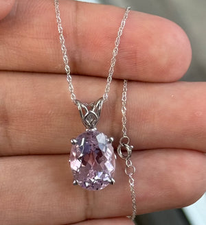 Oval Kunzite Pendant 13x10mm – 14K White Gold Scroll Solitaire – 6.50-7.00 CT AA+ Pink Gemstone Necklace – October Birthstone Gift