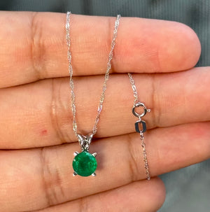 Natural Emerald Pendant 7mm Round | 1.38 Ct AA Quality Solitaire | Platinum Scroll Setting | May Birthstone | 18K White Gold Chain