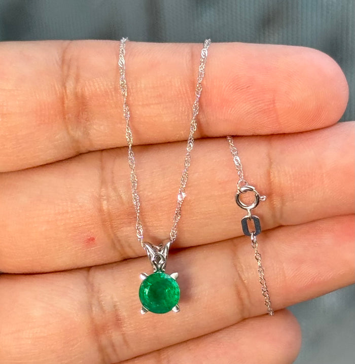 Natural Emerald Pendant 7mm Round | 1.38 Ct AA Quality Solitaire | Platinum Scroll Setting | May Birthstone | 18K White Gold Chain