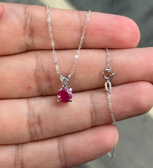 Elegant 6mm AA Round Ruby Solitaire Pendant in Platinum with 18K White Gold Chain. July Birthstone Necklace. 0.63–0.78 Ct. Great Gift Idea