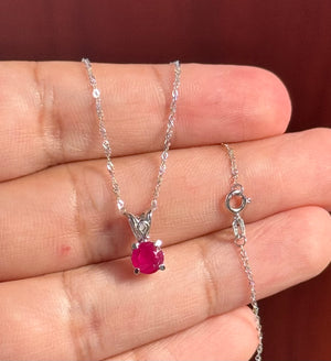 Elegant 6mm AA Round Ruby Solitaire Pendant in Platinum with 18K White Gold Chain. July Birthstone Necklace. 0.63–0.78 Ct. Great Gift Idea