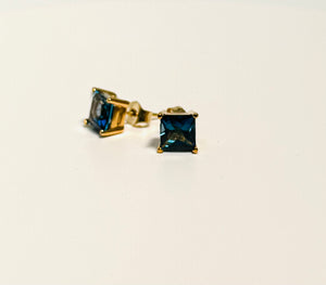 14K Yellow Gold London Blue Topaz Stud Earrings 2.55 Ct, 6x6mm Princess Cut AA Gemstone, Floral Design Fine Jewelry