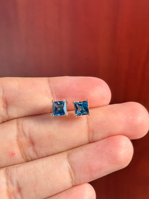 14K Yellow Gold London Blue Topaz Stud Earrings 2.55 Ct, 6x6mm Princess Cut AA Gemstone, Floral Design Fine Jewelry