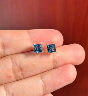 14K Yellow Gold London Blue Topaz Stud Earrings 2.55 Ct, 6x6mm Princess Cut AA Gemstone, Floral Design Fine Jewelry