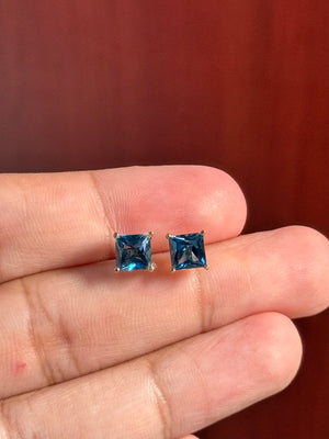 14K Yellow Gold London Blue Topaz Stud Earrings 2.55 Ct, 6x6mm Princess Cut AA Gemstone, Floral Design Fine Jewelry