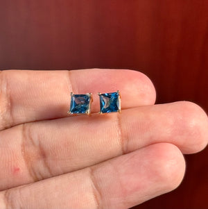 14K Yellow Gold London Blue Topaz Stud Earrings 2.55 Ct, 6x6mm Princess Cut AA Gemstone, Floral Design Fine Jewelry