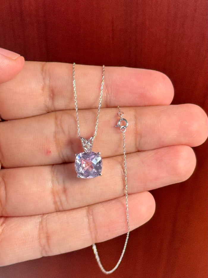 14K White Gold Kunzite Solitaire Scroll Pendant 3.94-5.85 Ct, 10.2mm Cushion AA Gemstone Necklace, White Gold Chain