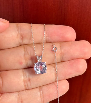 14K White Gold Kunzite Solitaire Scroll Pendant 3.94-5.85 Ct, 10.2mm Cushion AA Gemstone Necklace, White Gold Chain