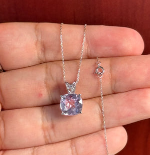 14K White Gold Kunzite Solitaire Scroll Pendant 3.94-5.85 Ct, 10.2mm Cushion AA Gemstone Necklace, White Gold Chain
