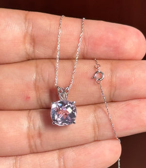 14K White Gold Kunzite Solitaire Scroll Pendant 3.94-5.85 Ct, 10.2mm Cushion AA Gemstone Necklace, White Gold Chain