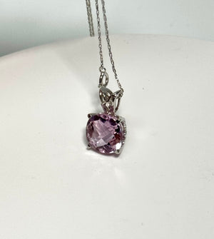 14K White Gold Kunzite Solitaire Scroll Pendant 3.94-5.85 Ct, 10.2mm Cushion AA Gemstone Necklace, White Gold Chain