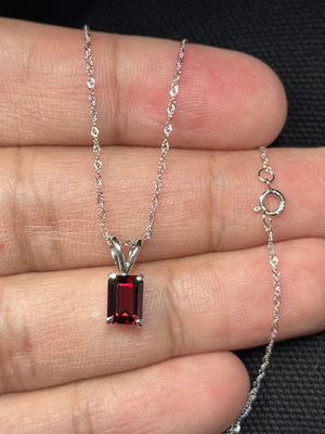 Natural Garnet Solitaire Pendant 1.25 CT Emerald Cut | 14K White Gold Garnet Necklace | January Birthstone Jewelry
