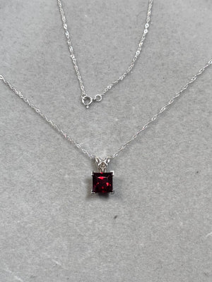 Natural Garnet Scroll Pendant 1.93–2.29 CT Princess Cut | 14K White Gold Garnet Necklace | January Birthstone Jewelry