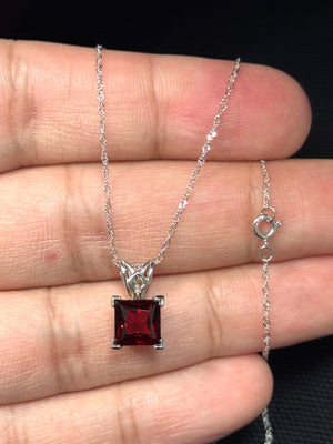 natural garnet scroll pendant in 14k white gold princess cut