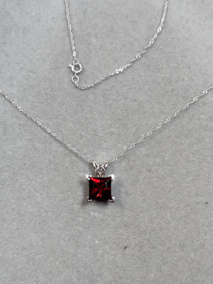 Natural Garnet Scroll Pendant 2.35–2.90 CT Princess Cut | 14K White Gold Garnet Necklace | January Birthstone Jewelry